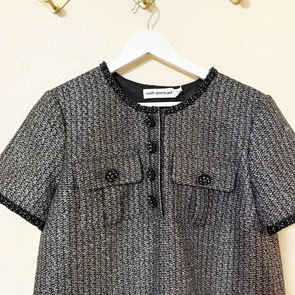 Self Portrait NEW Metallic Boucle Rhinestone Button Pleated Hem Mini Dress US 12 - Picture 13 of 14